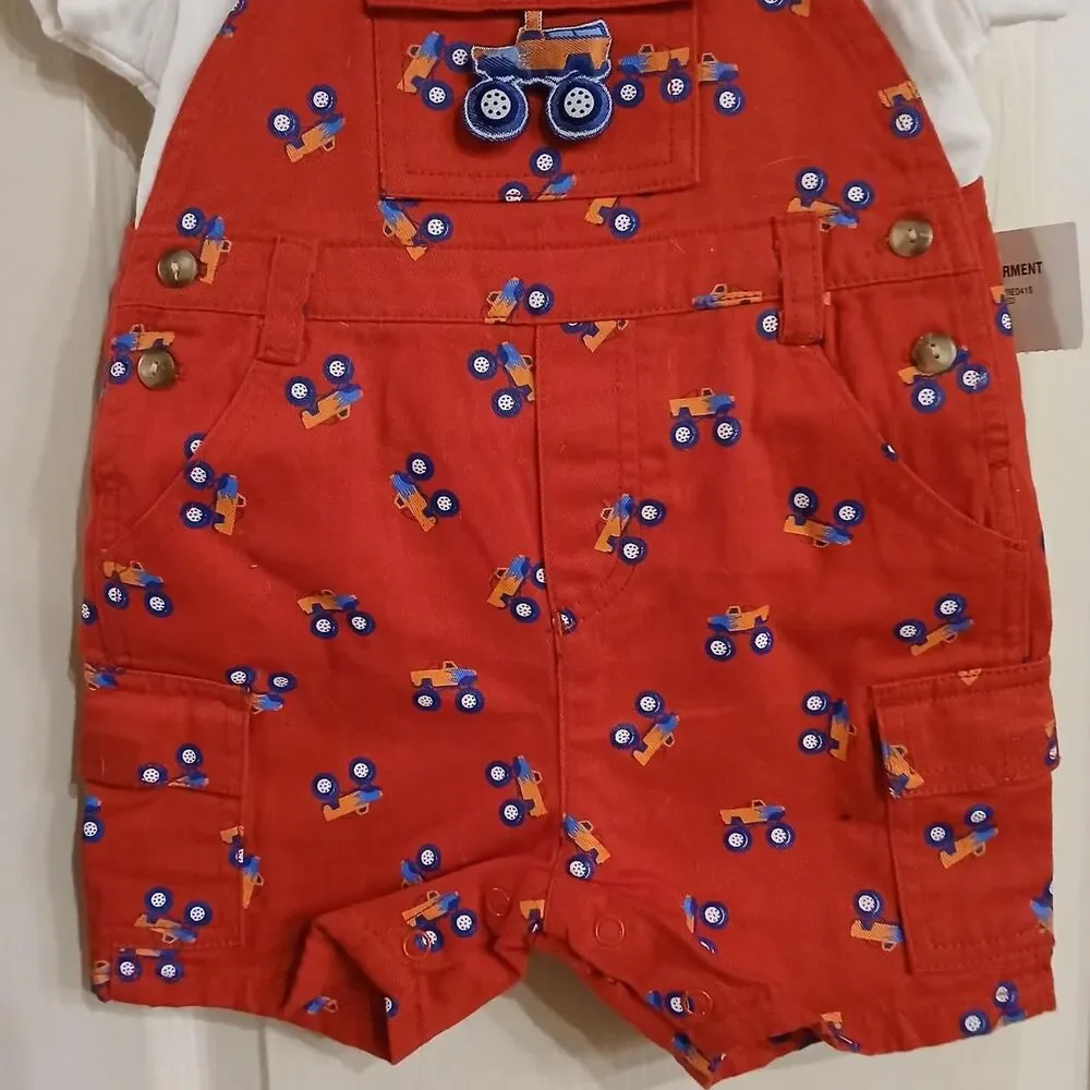 NWT Y2K vintage red monster truck bib cargo overalls matching polo shirt 12 mo